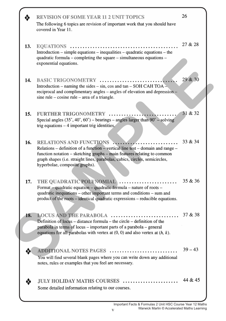 Important Facts and Formulas Year 12 2 Unit sample page