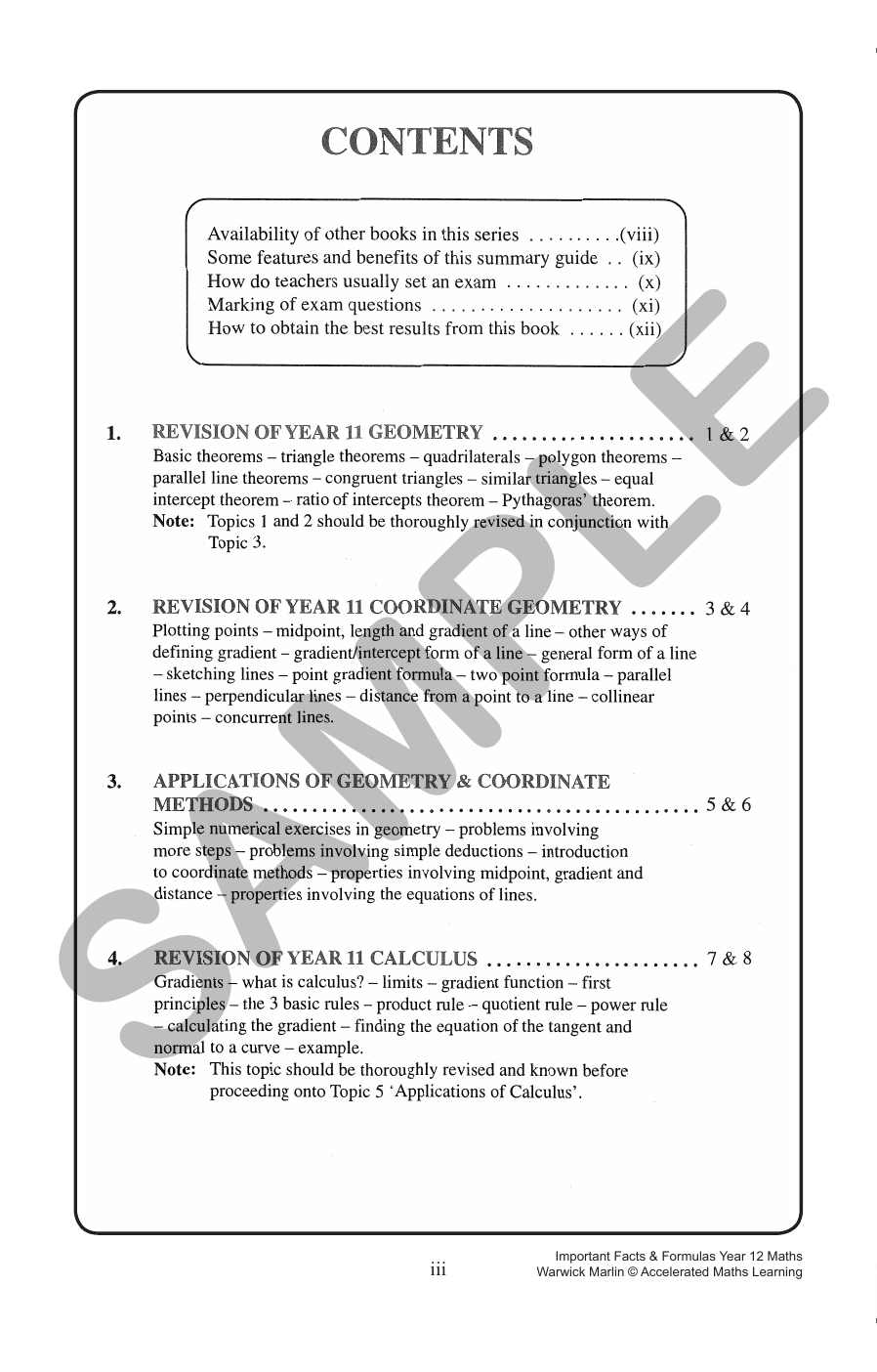 Facts and Formulas Year 12 Extension 1 (2 and 3Unit) sample page