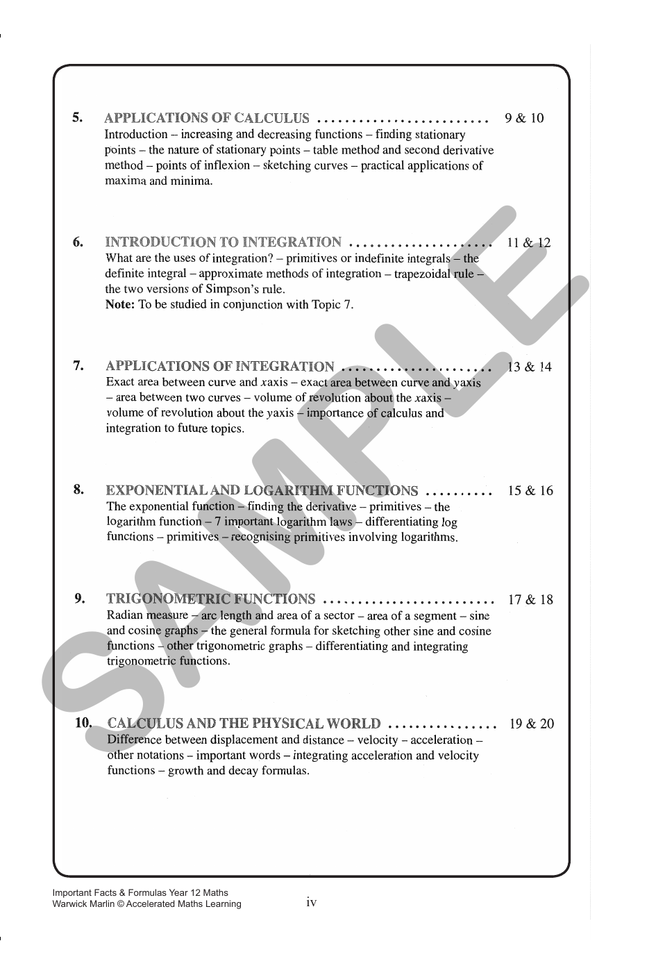 Facts and Formulas Year 12 Extension 1 (2 and 3Unit) sample page