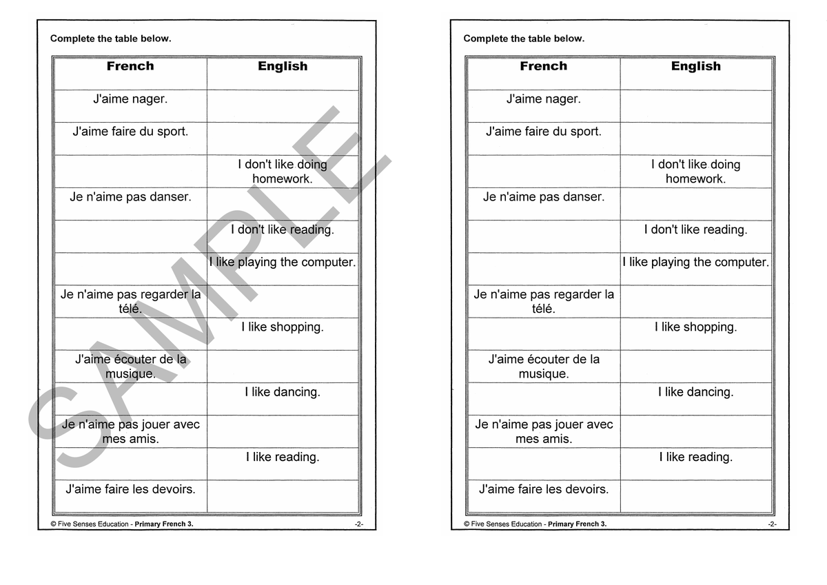 Primary French Workbook 3 sample page