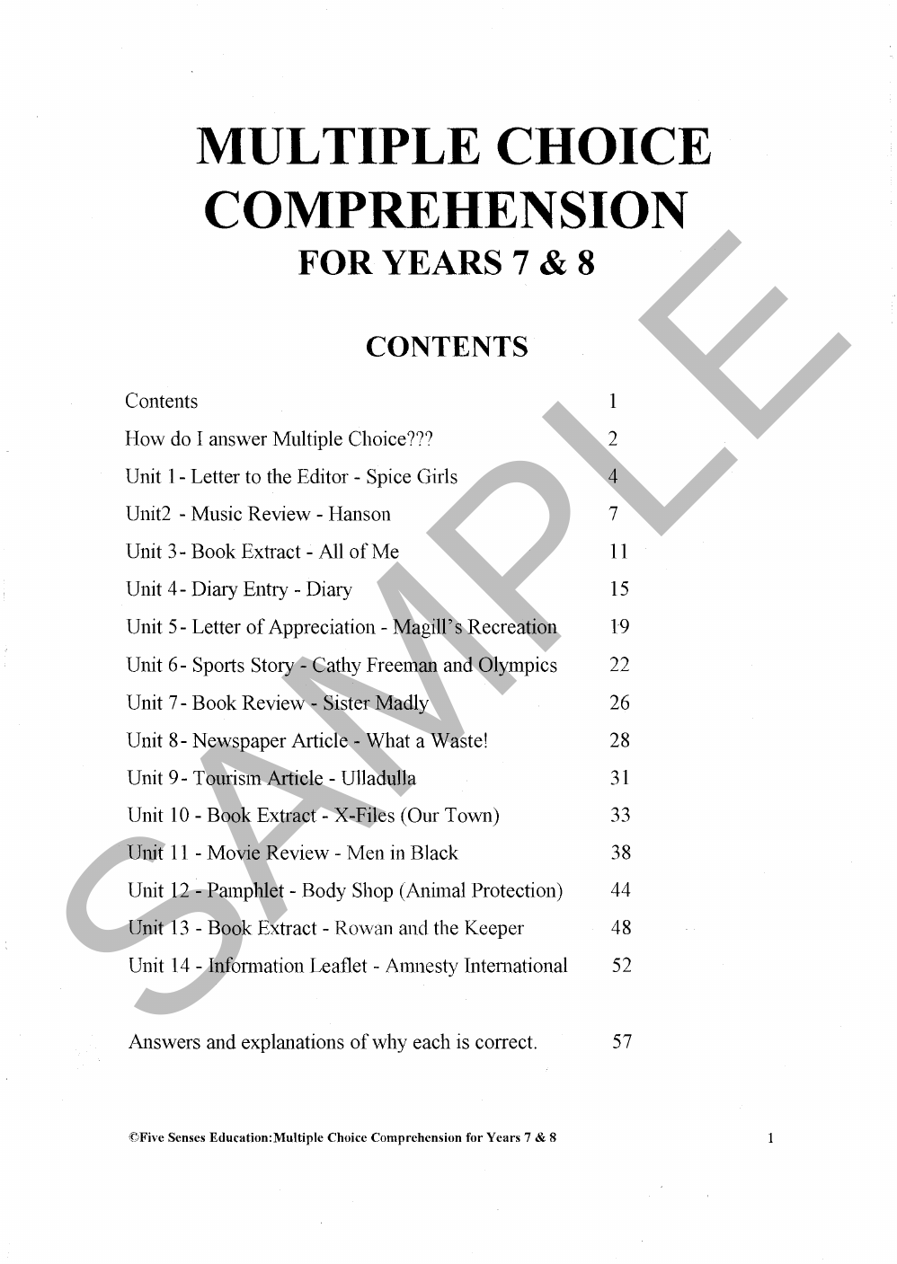Multiple Choice Comprehension - Years 7 & 8 sample page