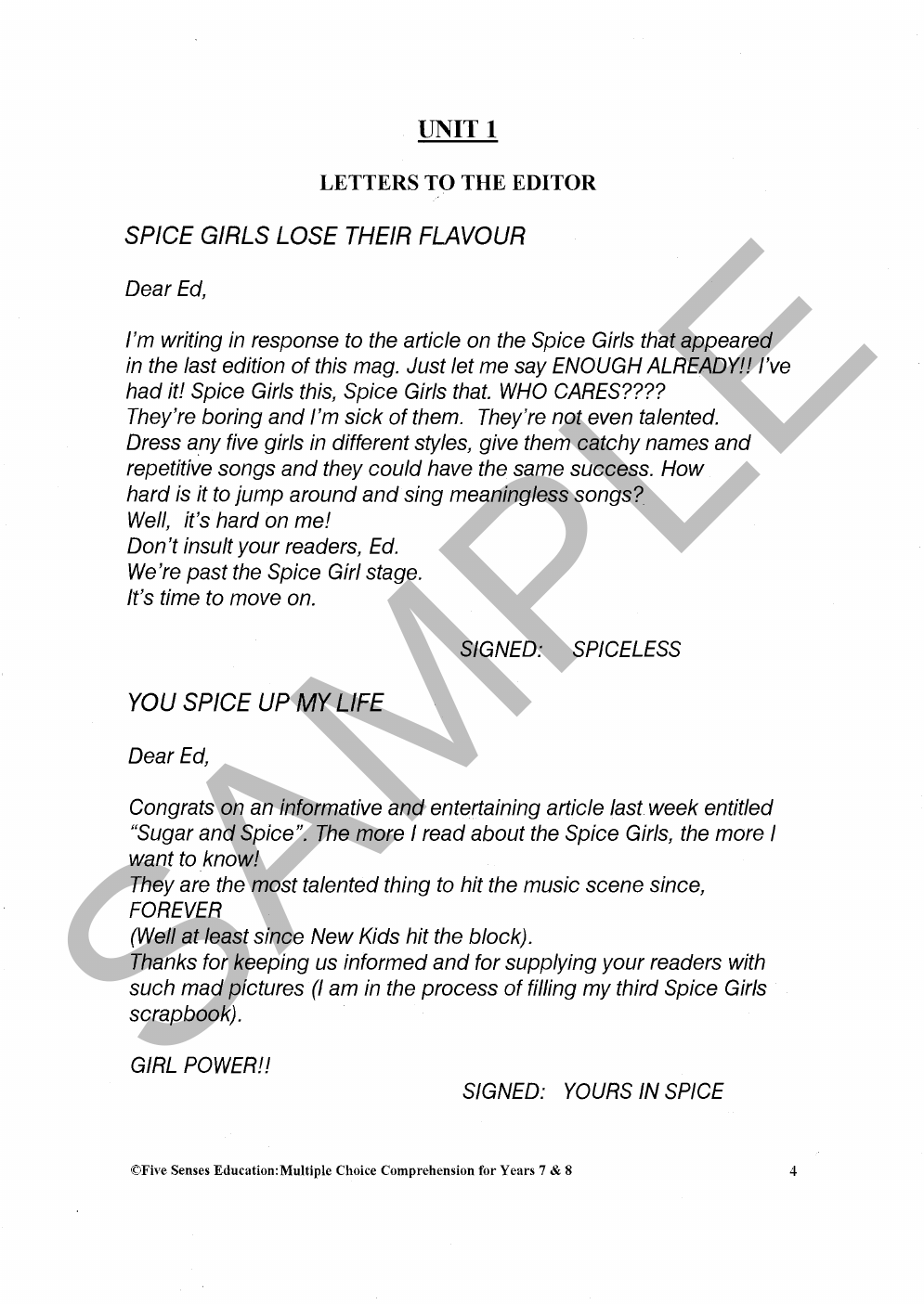 Multiple Choice Comprehension - Years 7 & 8 sample page