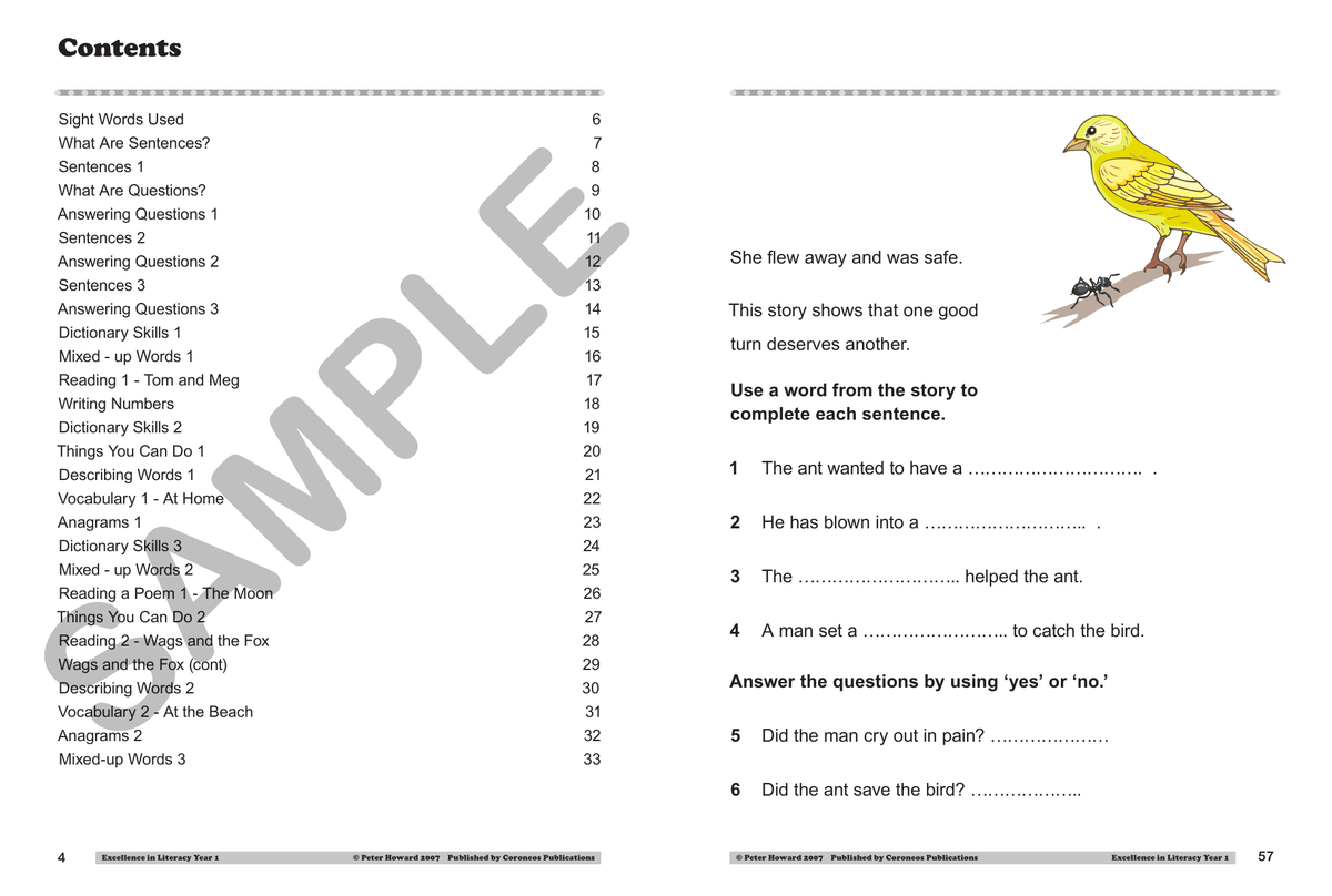 Excellence in Literacy Year 1 sample page