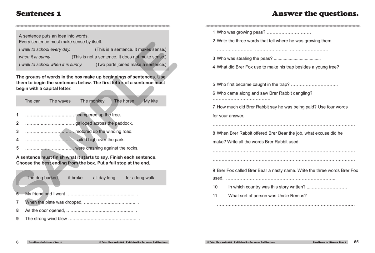 Excellence in Literacy Year 2 sample page