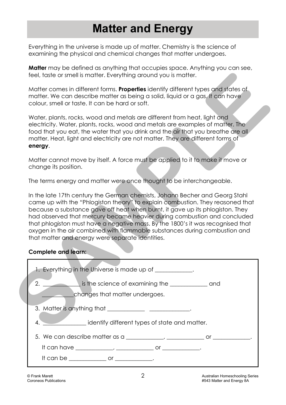 Secondary Science 8A: Matter & Energy sample page