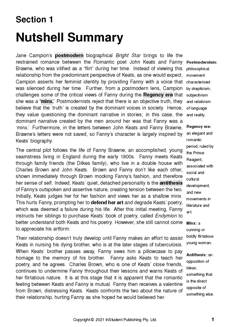 ATAR Notes Text Guide - Bright Star by Jane Campion