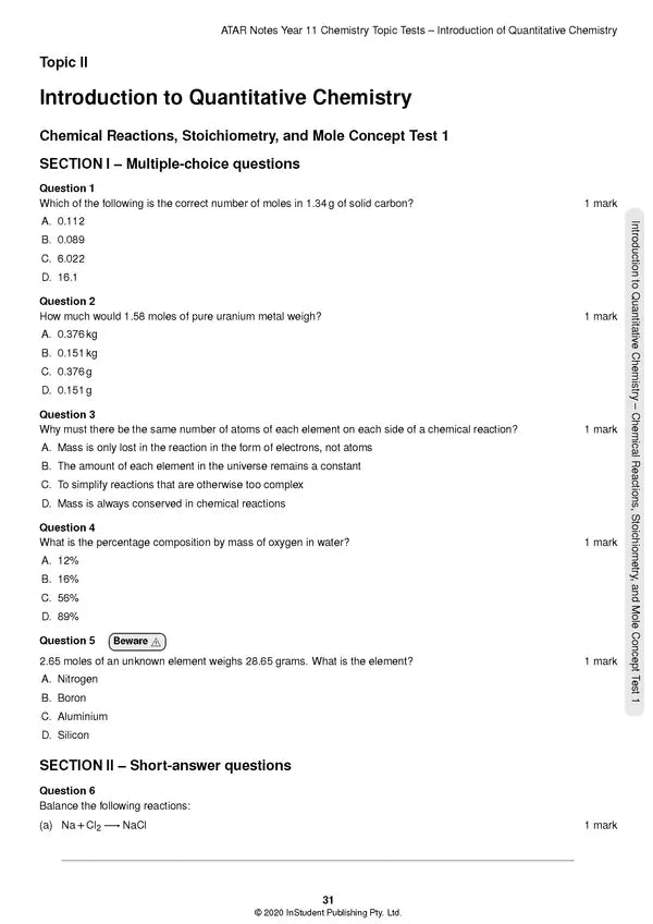 ATAR Notes HSC (Year 11) Topic Tests: Chemistry (2024-2026)