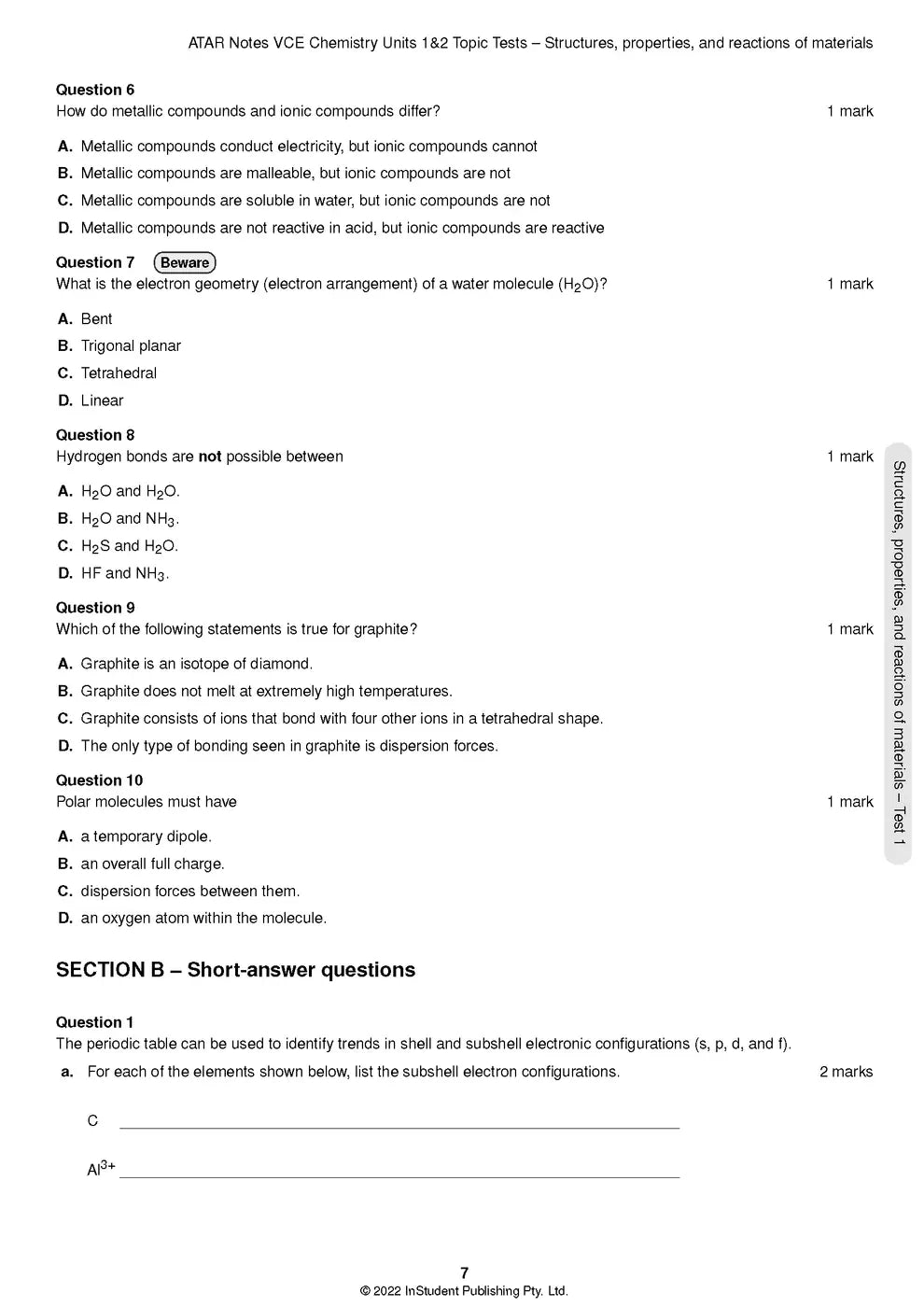 ATAR Notes VCE - Units 1 & 2 Topic Tests: Chemistry (2024-2026)