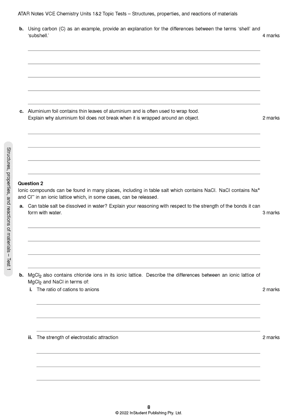 ATAR Notes VCE - Units 1 & 2 Topic Tests: Chemistry (2024-2026)