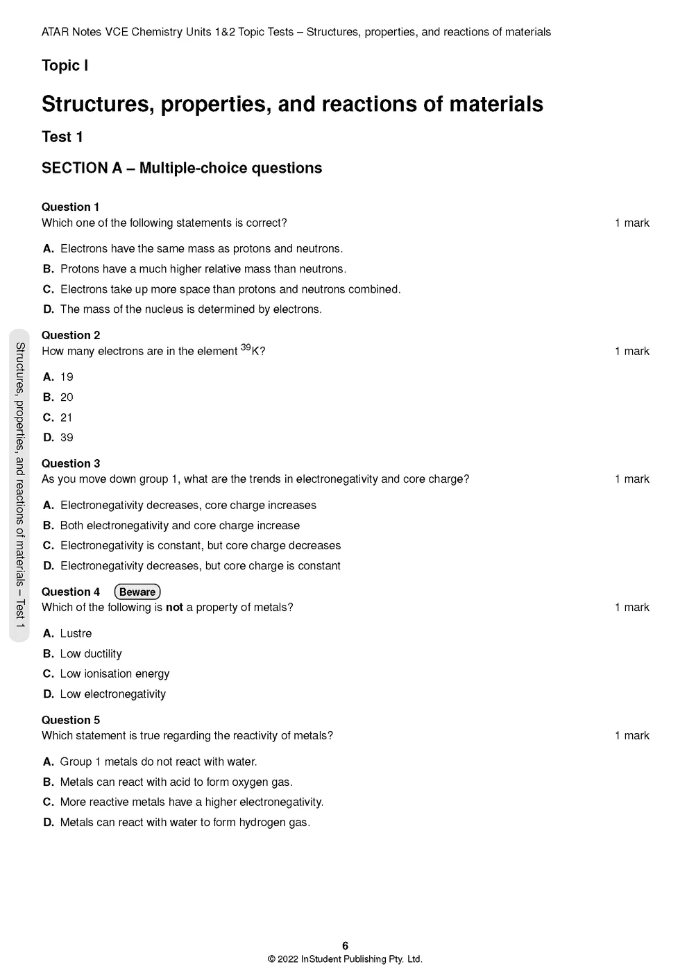 ATAR Notes VCE - Units 1 & 2 Topic Tests: Chemistry (2024-2026)