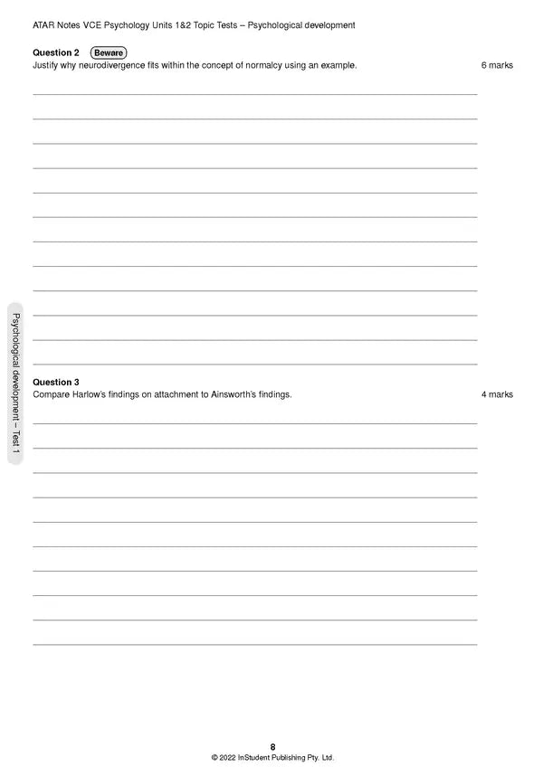 ATAR Notes VCE - Units 1 & 2 Topic Tests: Psychology (2024-2026)