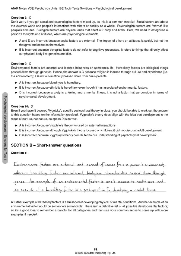 ATAR Notes VCE - Units 1 & 2 Topic Tests: Psychology (2024-2026)