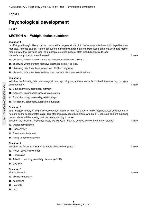 ATAR Notes VCE - Units 1 & 2 Topic Tests: Psychology (2024-2026)