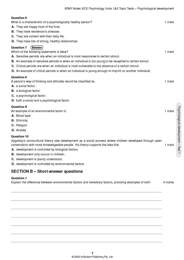 ATAR Notes VCE - Units 1 & 2 Topic Tests: Psychology (2024-2026)