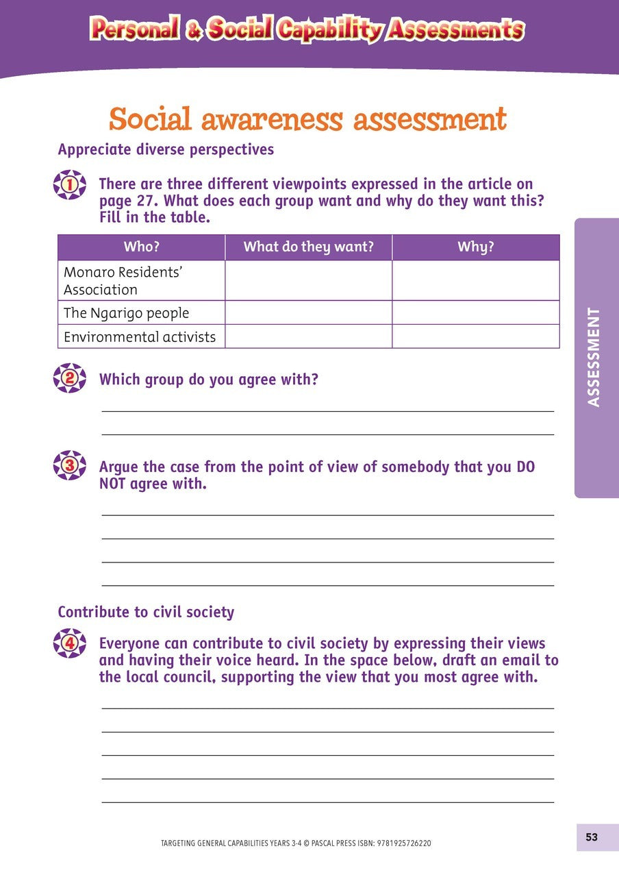 Targeting General Capabilities - Personal and Social Capability / Intercultural Understanding: Years 3 - 4