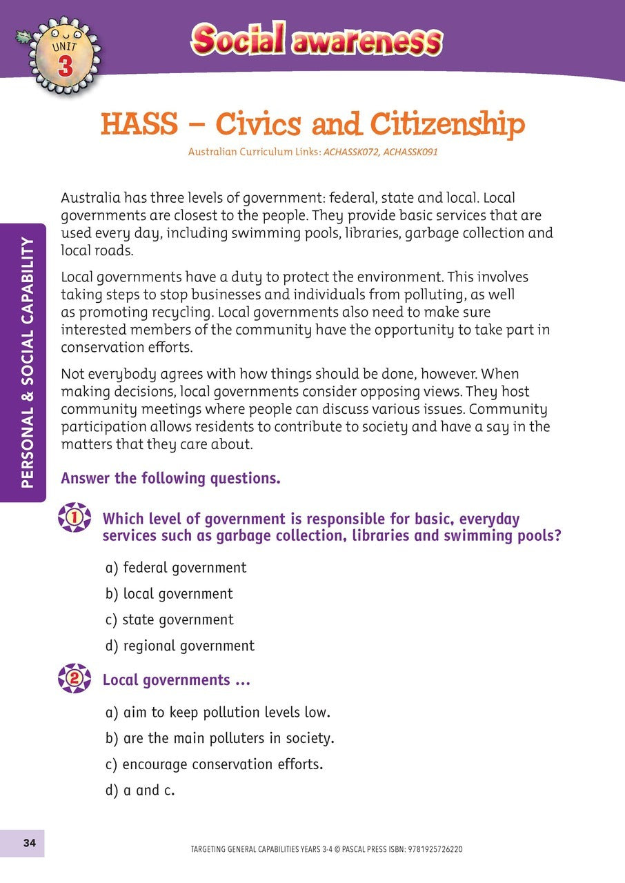 Targeting General Capabilities - Personal and Social Capability / Intercultural Understanding: Years 3 - 4