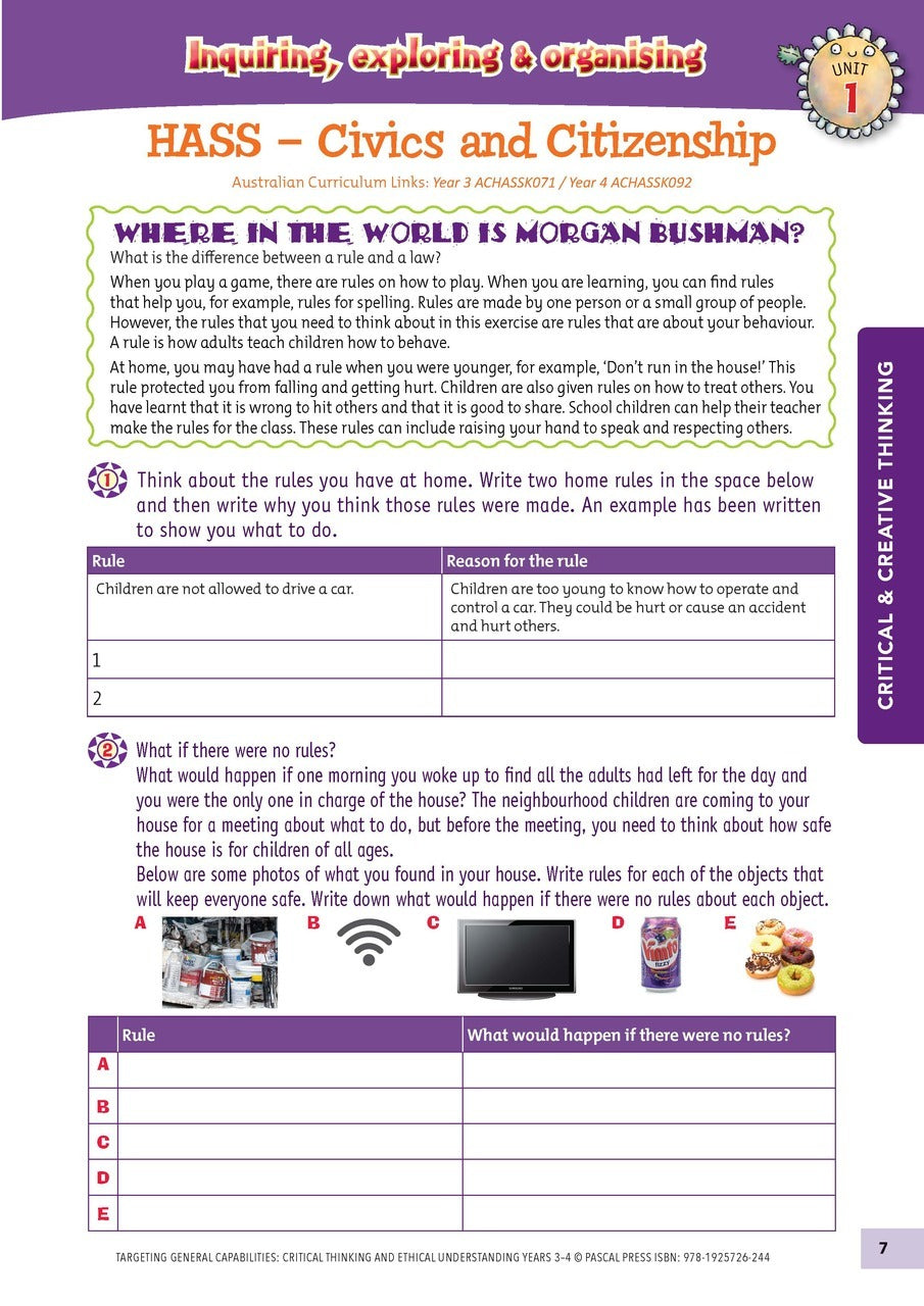 Targeting General Capabilities - Critical & Creative Thinking / Ethical Understanding: Years 3 - 4