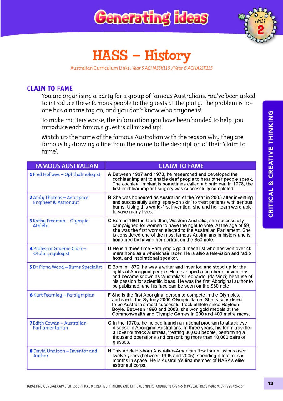Targeting General Capabilities - Critical & Creative Thinking / Ethical Understanding: Years 5 - 6
