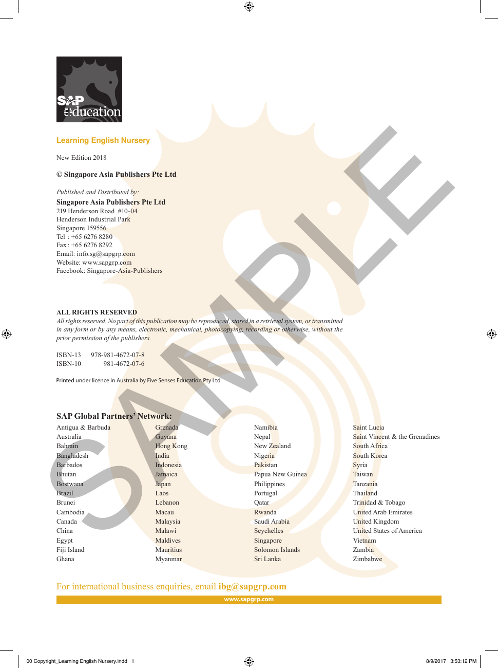 Learning English Nursery sample page