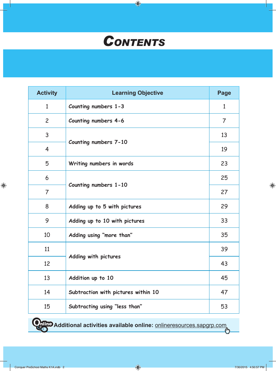 Conquer Pre-School Mathematics K1A sample page