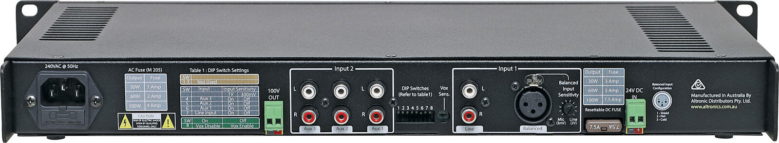 Redback Compact 1RU Public Address (PA) Mixer 100V Amplifier 30W