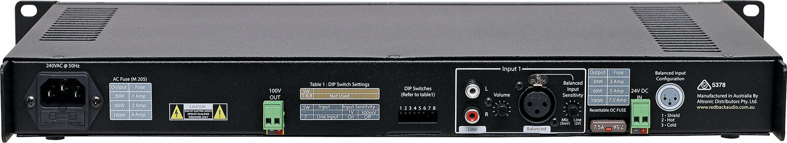 Redback Compact 1RU Public Address (PA) 100V Amplifier 100W