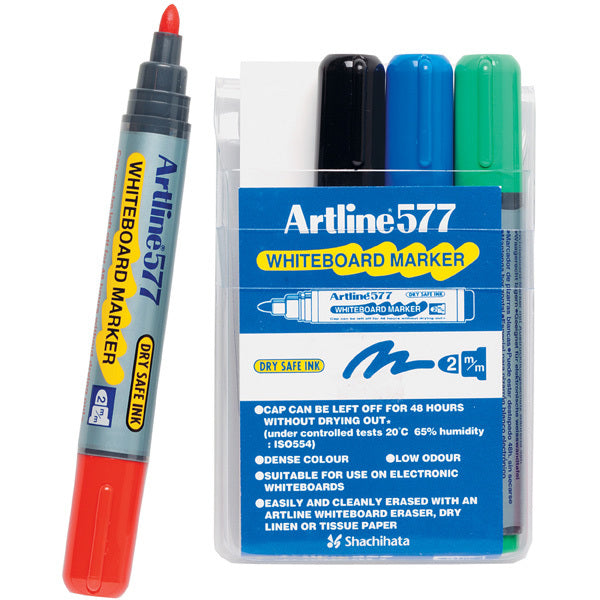 Artline Whiteboard Markers 577- 2mm Bullet Nib: Assorted (Pack of 4)