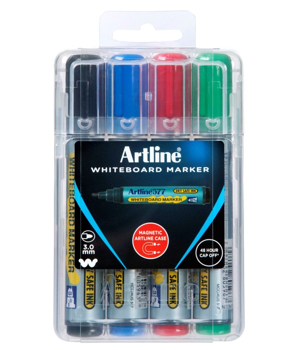 Artline Whiteboard Marker 577 - 3mm Bullet Nib Hard Case: Assorted (Pack of 4)