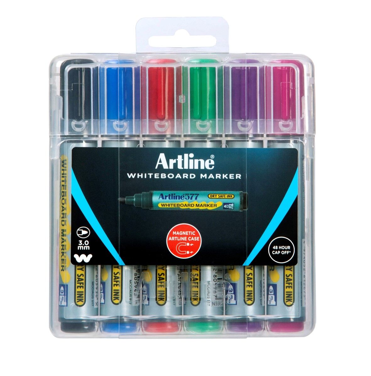 Artline Whiteboard Marker 577 - 3mm Bullet Nib Hard Case: Assorted (Pack of 6)