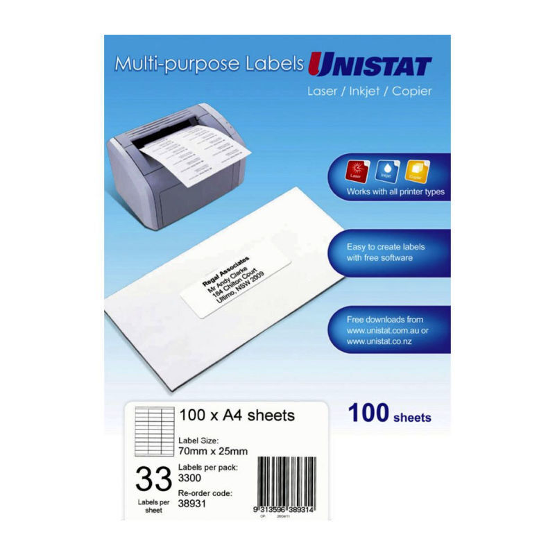 uni LIP Lbl 33Up 70X25mm Box of 100