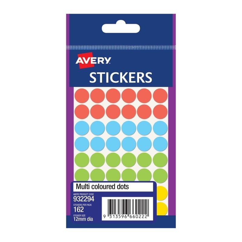 Avery Assorted Dots 12mm - Pack of 162 (Box of 10)
