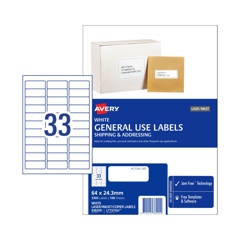 Avery L7157GU General Use Labels 64 x 24.3mm - 100 Sheets