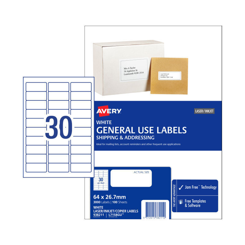 Avery L7158GU General Use Labels 64 x 26.7mm - 100 Sheets
