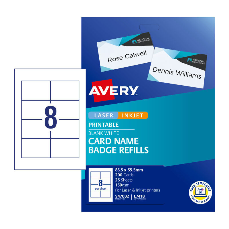 Avery L7418 Name Badge Refills 86.5 x 55.5mm - 200 Cards