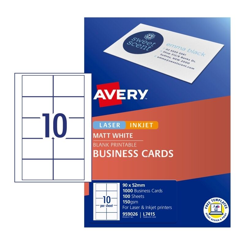 Avery L7415 Matt Business Cards 90 x 52mm - 100 Sheets
