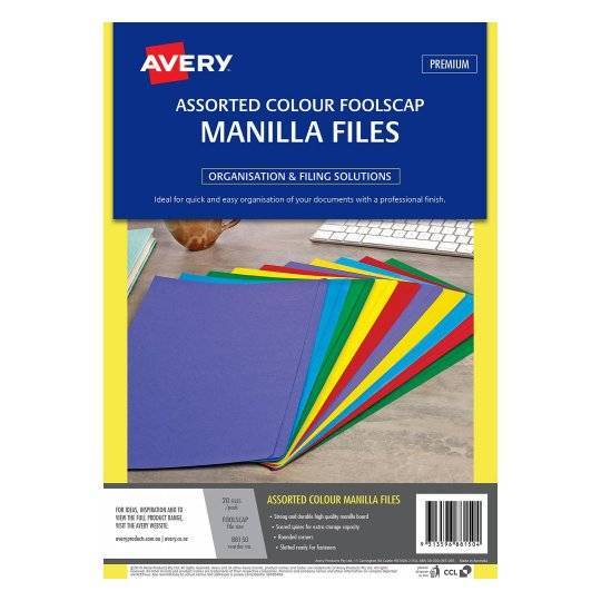 Avery Manilla Folders - Foolscap: Assorted Colours (Pack of 20)