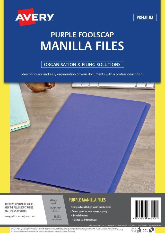 Avery Manilla File - Foolscap: Purple (Pack of 20)