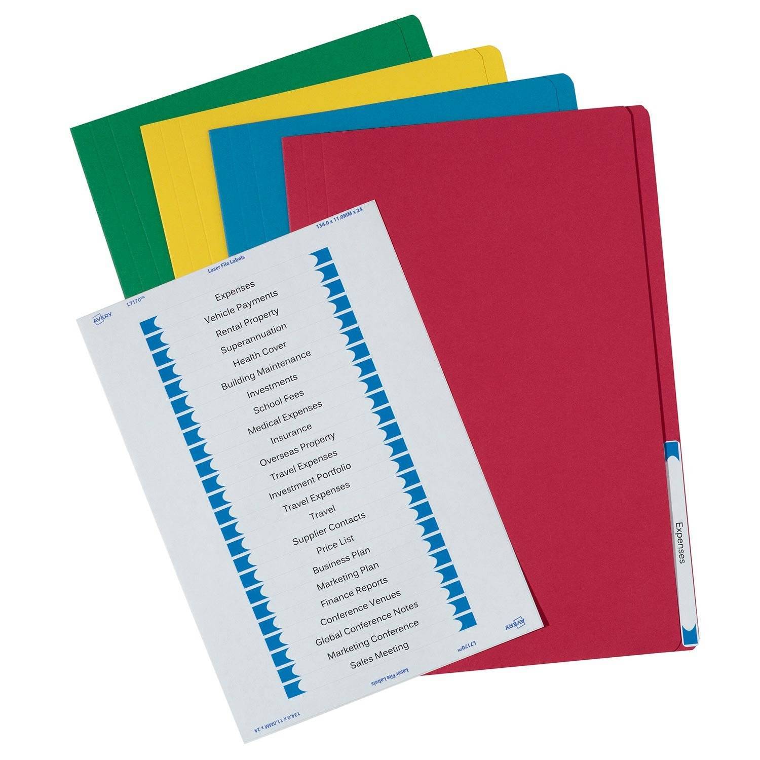 Avery Manilla Folder with Labels - Foolscap: Assorted Colours (Pack of 20)