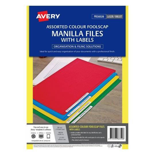 Avery Manilla Folder with Labels - Foolscap: Assorted Colours (Pack of 20)