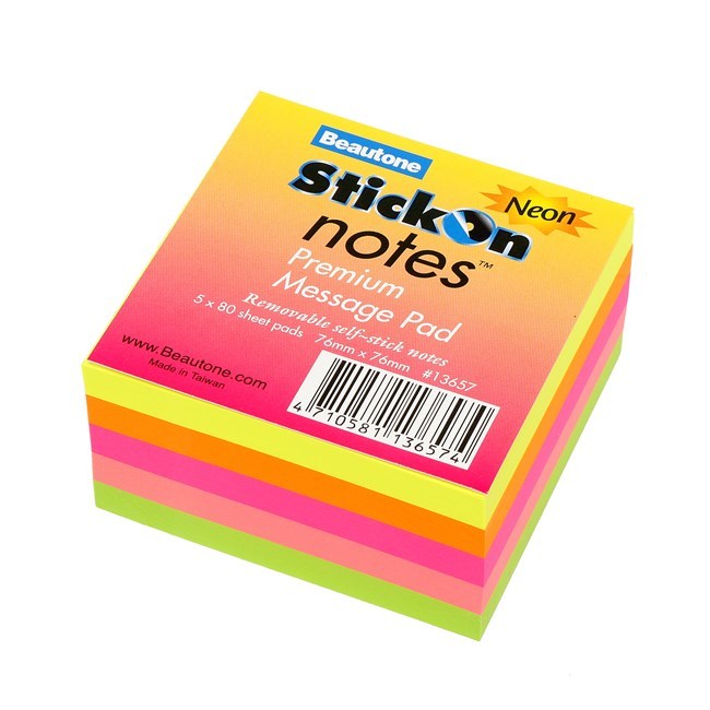 Beautone Stick On Notes - Cube (76x76mm): Neon Colours