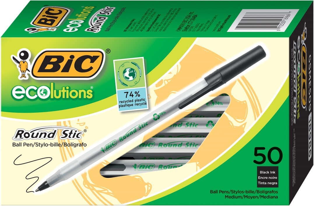 Ball Pen Bic Ecolutions Round Stic: 1.0mm Medium Point Black (Box of 50)
