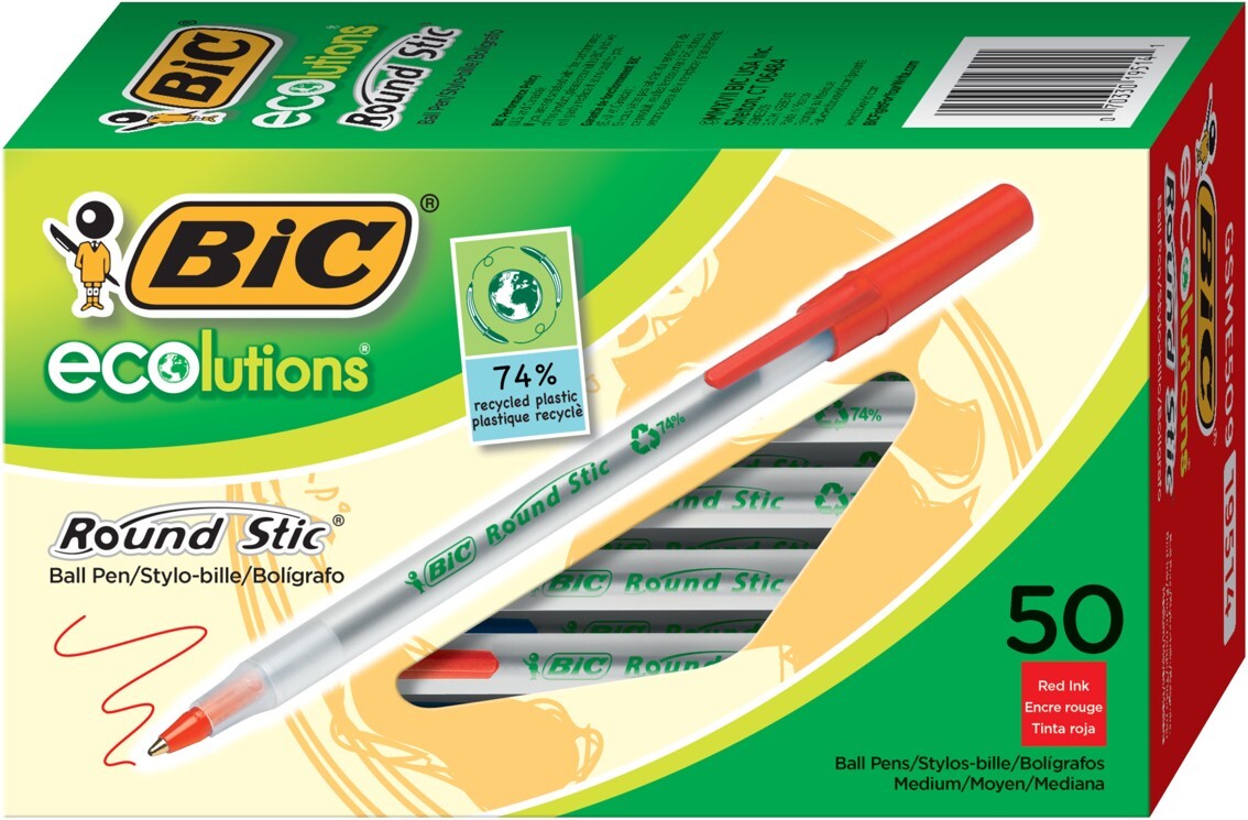 Ball Pen Bic Ecolutions Round Stic: 1.0mm Medium Point - Red (Box of 50)