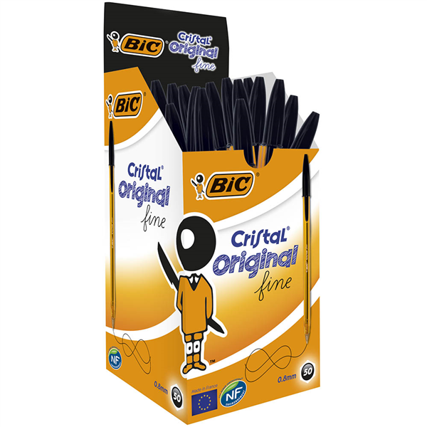 BIC Pen - Ballpoint Cristal Original: 0.8mm Fine Black (Box of 50)