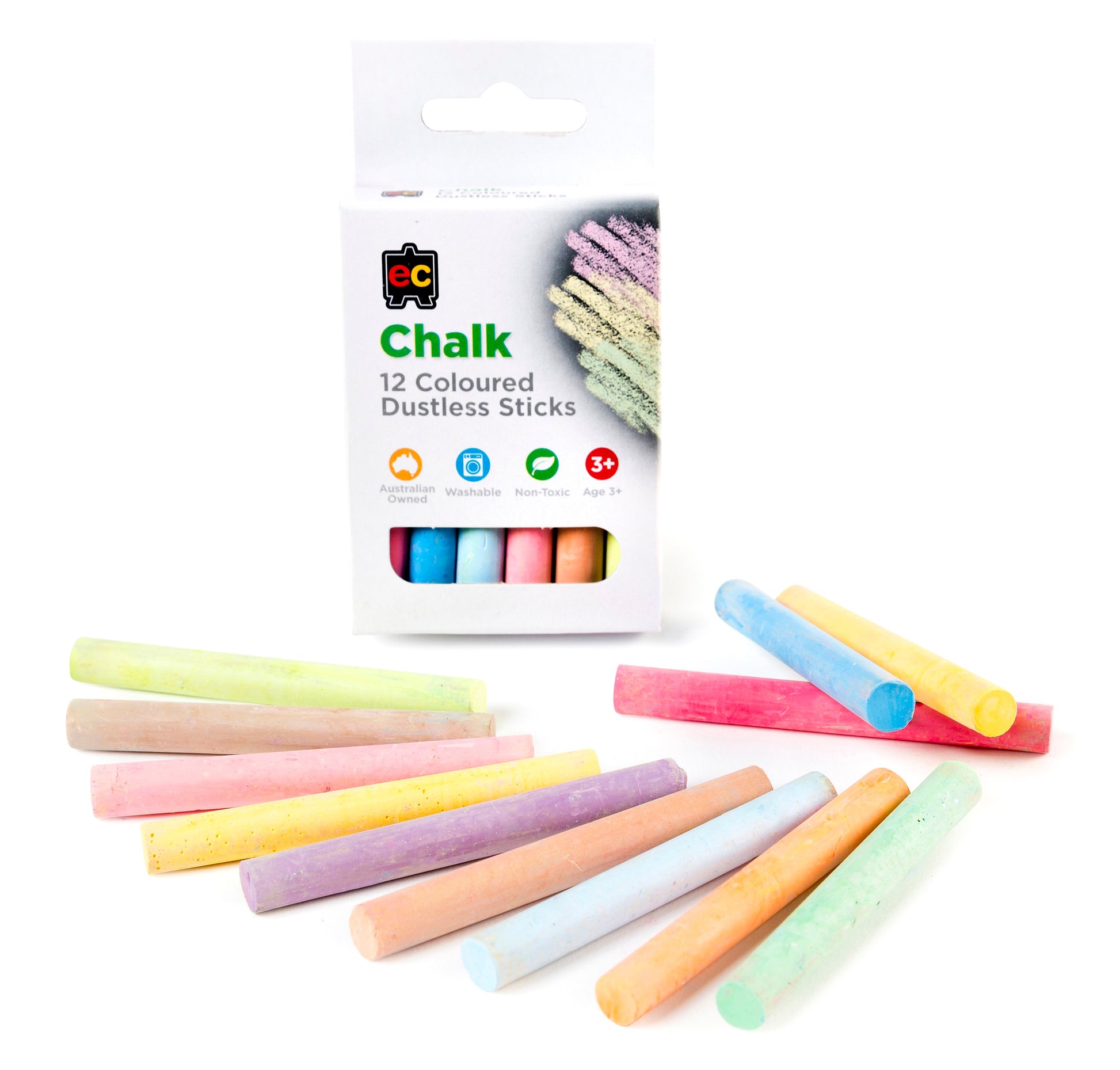 Dustless Coloured Chalk - 12 Pieces