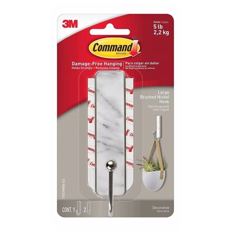 Command 17037MBN-ES Large Brushed Nickel Hook - Marble Finish (Box of 4)