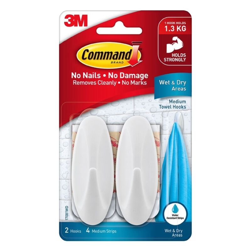 Command 17081WD Medium Wet Area Towel Hooks 2-Pack (Box of 6)