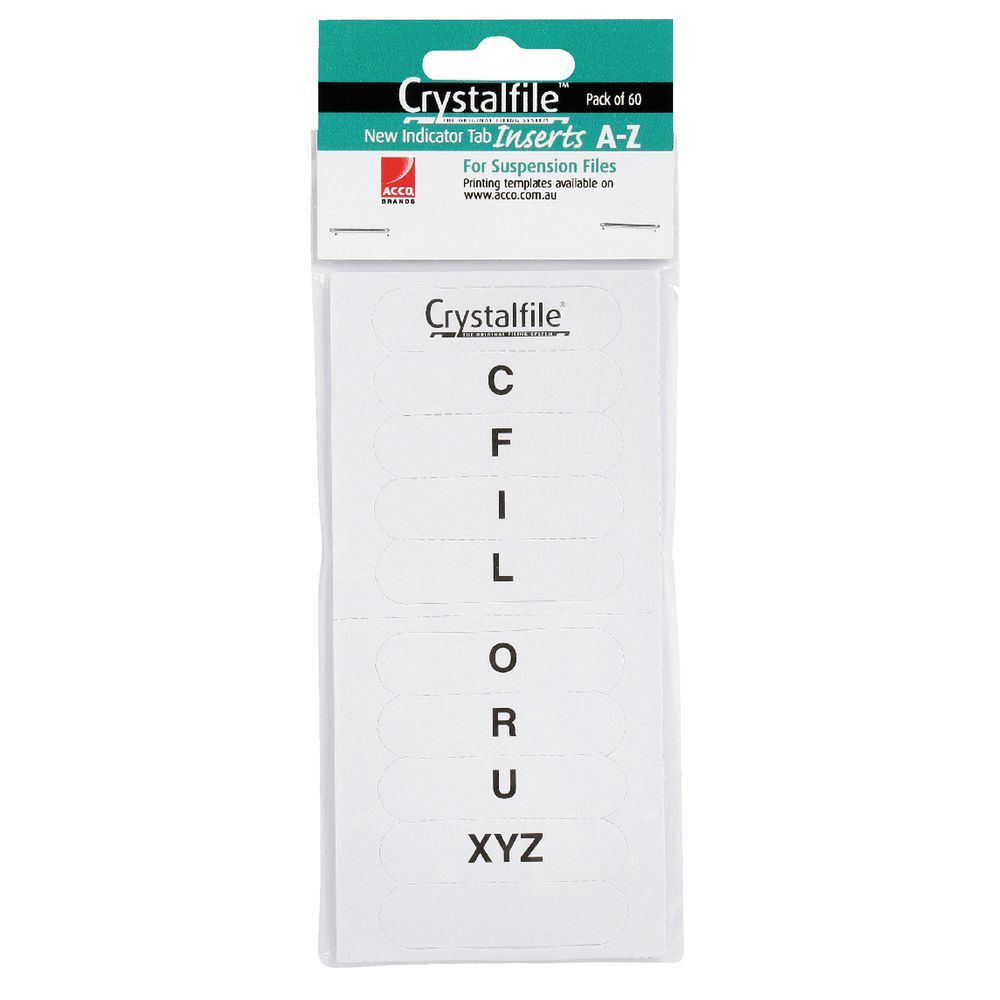 Crystalfile Tab Inserts A-Z: Rounded Edge - Pack of 60 (White)