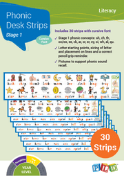 Phonic Desk Strips - Stage 1 (Cursive Font)