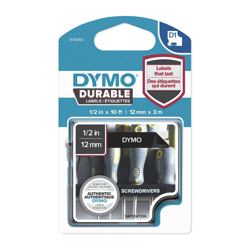 D1 Dur White on Black 12mm x 3m