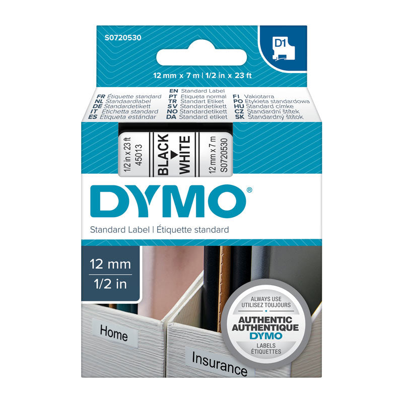 D1 Black on Wht 12mm x 7m Tape